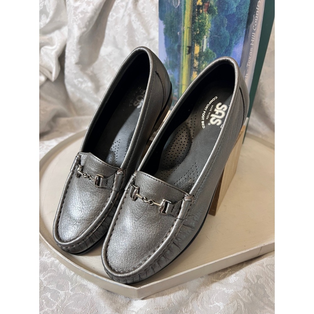 SAS Metro Pewter Metallic Leather Horsebit Loafers Womens 7.5 M Comfort Shoes
